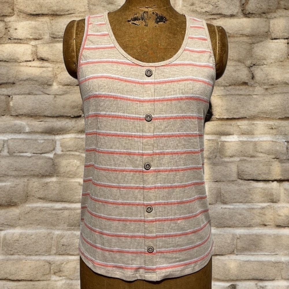 T17 Pink Clover size large Button front striped rib Tank Tan coral grayish blue